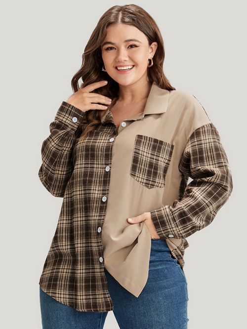 Plaid Print Colorblock Pocket Button Front Blouse