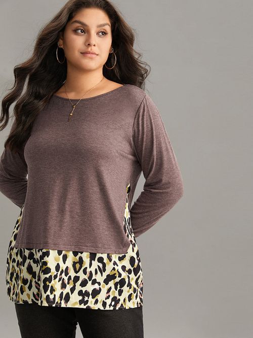 Leopard Patchwork Contrast Crew Neck Knit T-shirt