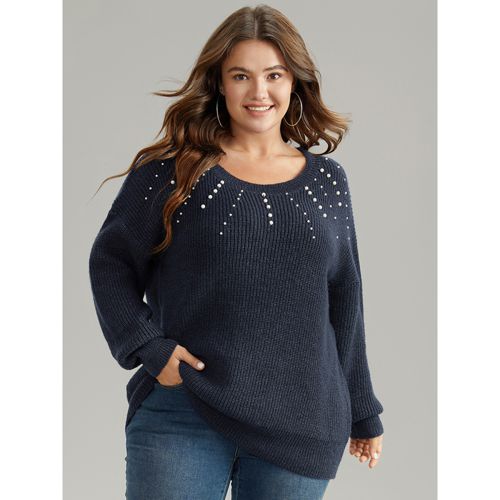 Plus Size Beaded Round Neck Elastic Cuffs Pullover Midnight Women Casual Loose Long Sleeve Round Neck Dailywear Pullovers BloomChic 10/M