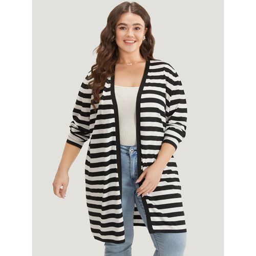 Plus Size Striped Open Front Drop Shoulder Tunic Cardigan Black Women Casual Loose Long Sleeve Dailywear Cardigans BloomChic 14-16/1X