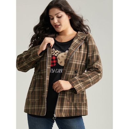 Plus Size Plaid Drawstring Slant Pocket Coat Women DarkBrown Casual Contrast Ladies Dailywear Winter Coats BloomChic 12/L
