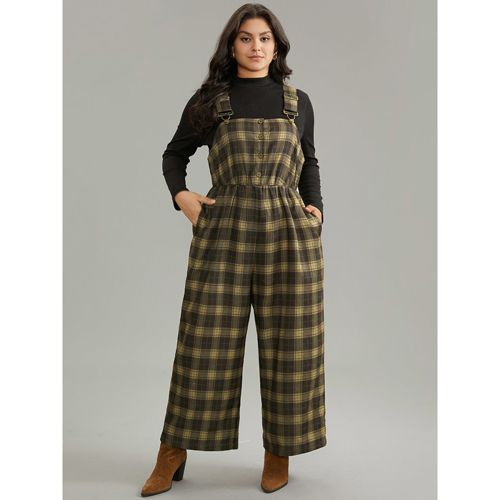 Plus Size DarkBrown Plaid Adjustable Straps Pocket Elastic Waist Jumpsuit Women Office Sleeveless Spaghetti Strap Work Loose Jumpsuits BloomChic 14-16