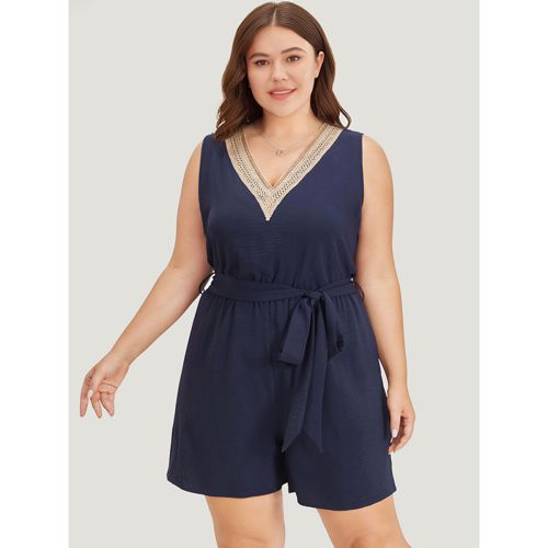 Plus Size Solid Pocket Contrast Lace Belted Tank Romper DarkBlue Plain Pocket Casual Dailywear 30/6X Rompers Bloomchic