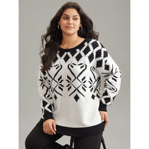 Plus Size Supersoft Essentials Geometric Jacquard Crew Neck Pullover Black Women Casual Loose Long Sleeve Round Neck Dailywear Pullovers BloomChic 26/