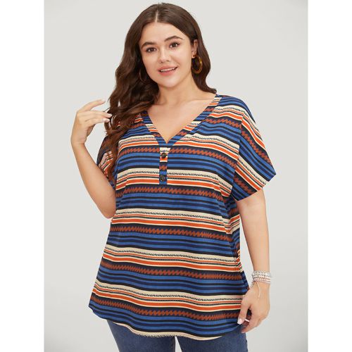 Plus Size Multicolor Striped Contrast Button Detail Batwing Sleeve Blouse Women Elegant Short sleeve V-neck Dailywear Blouses BloomChic 10/M
