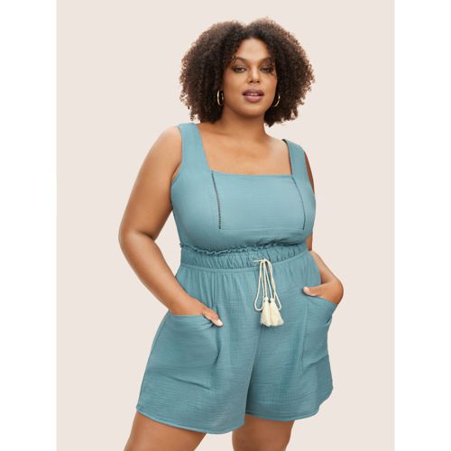 Plus Size Square Neck Drawstring Frill Trim Tassels Jumpsuit Cerulean Patch pocket Casual Everyday 30/6X Rompers Bloomchic