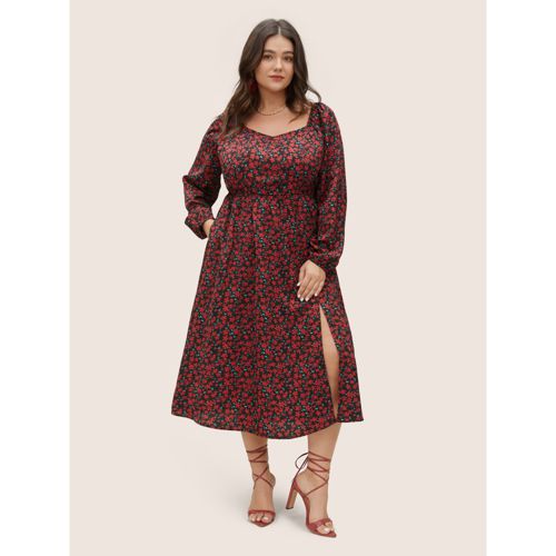 Plus Size Ditsy Floral Square Neck Split Side Dress Black Women Elegant Elastic cuffs Square Neck Long Sleeve Curvy Midi Dress BloomChic 22-24/3X