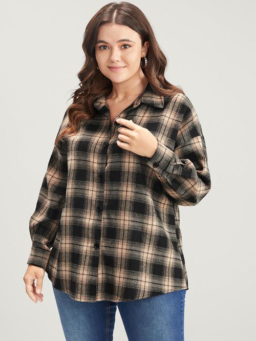 Plaid Print Button Up Drop Shoulder Blouse