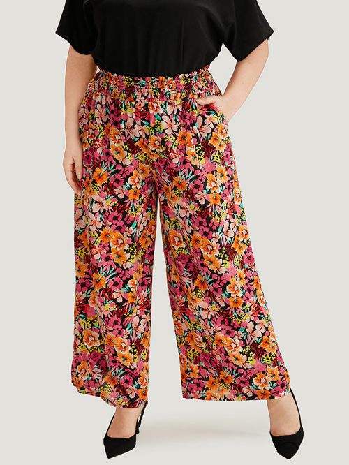 Floral Print Shirred Pocket Wide Leg Woven Pants