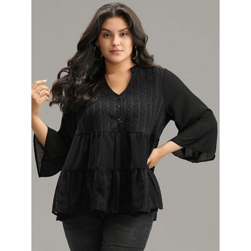 Plus Size Black Plain Textured V Neck Elastic Waist Ruffle Hem Blouse Women Elegant Elbow-length sleeve V-neck Dailywear Blouses BloomChic 14-16/1X