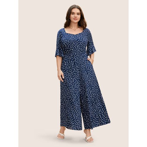 Plus Size Navy Rayon Heart Neckline Polka Dot Ruffles Jumpsuit Women Elegant Elbow-length sleeve Heart neckline Everyday Loose Jumpsuits BloomChic 14-