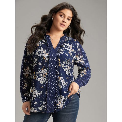 Plus Size DarkBlue Chiffon Floral Polka Dot Patchwork Frill Trim Mesh Blouse Women Elegant Long Sleeve V-neck Dailywear Blouses BloomChic 10/M