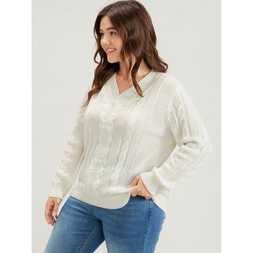 Plus Size Plain Pointelle Knit V Neck Cable Knit Lace Patchwork Knit Top White Women Elegant Loose Long Sleeve V-neck Dailywear Pullovers BloomChic 14