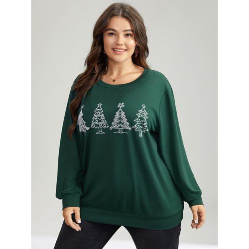 Plus Size Christmas Trees Round Neck Sweatshirt Women DarkGreen Casual Elastic cuffs Festival-Christmas Sweatshirts BloomChic 12/L