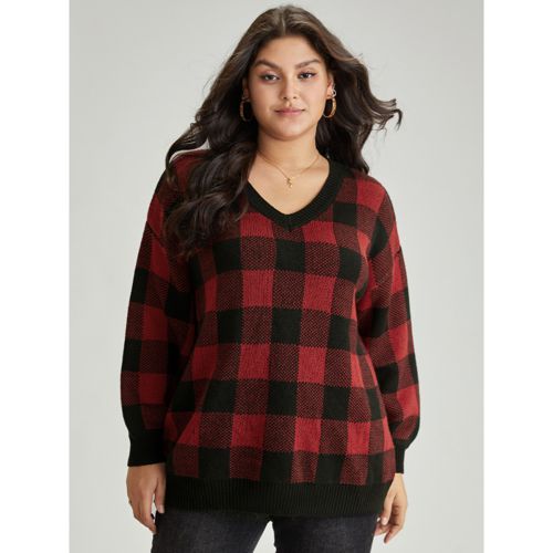 Plus Size Plaid V Neck Lantern Sleeve Loose Pullover Burgundy Women Casual Loose Long Sleeve V-neck Dailywear Pullovers BloomChic 22-24/3X