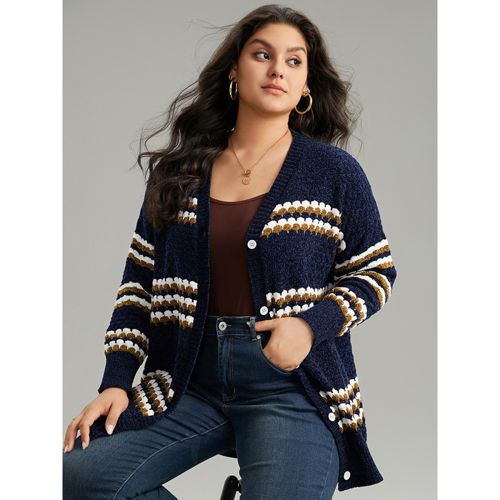 Plus Size Chenille Geo Button Through Cardigan Multicolor Women Casual Loose Long Sleeve Dailywear Cardigans BloomChic 14-16/1X