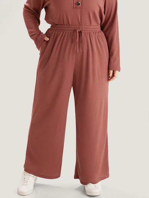 Plain Waffle Knit Drawstring Elastic Waist Woven Pants