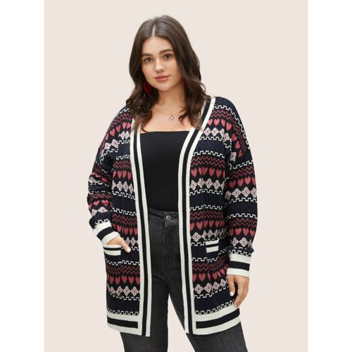 Plus Size Heart Geometric Jacquard Pocket Cardigan Black Women Casual Long Sleeve Everyday Cardigans BloomChic 12/L