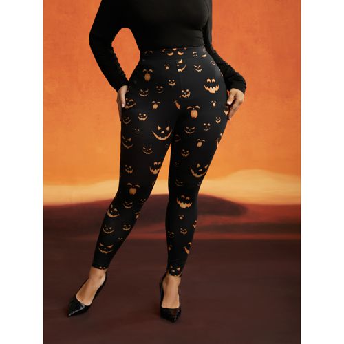 Plus Size Stretchy Jack-o-Lantern Leggings Women Black Elegant High stretch Skinny Mid Rise Everyday Leggings BloomChic 12/L