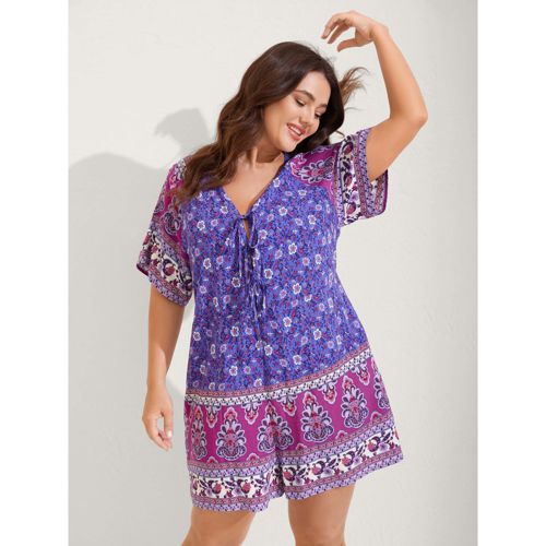 Plus Size Boho Print Tie Front Breezy Romper DarkViolet Side seam pocket Vacation 22-24/3X Rompers Bloomchic