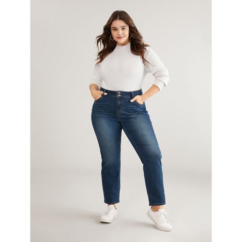 Plus Size Double Button Detail Straight Leg Jeans Women Blue Casual Plain Plain High stretch Pocket Jeans BloomChic 22/3X