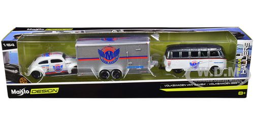 Volkswagen Samba Bus Dark Gray Metallic and White with Volkswagen Beetle White Metallic and Enclosed Car Trailer Silver "Toyo Tires" "Team Haulers" S