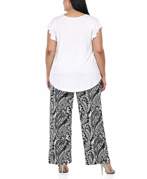 White Mark Plus Size Ruffle-Sleeve Top Printed Pant Set - White