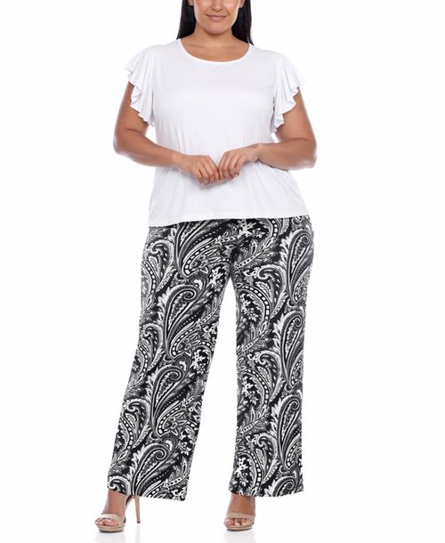 White Mark Plus Size Ruffle-Sleeve Top Printed Pant Set - White