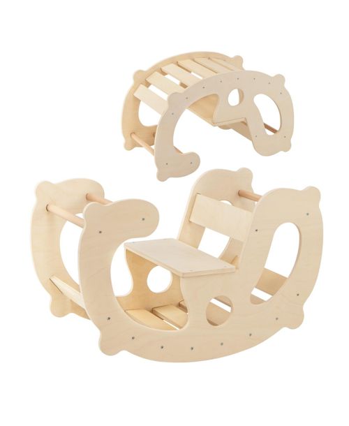 2-in-1 Rocking Horse Arch for Kids Montessori Climbing Toys with Arch Climber - Natural