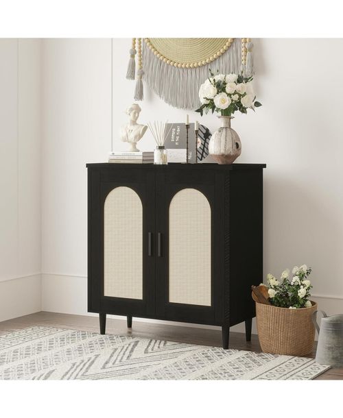 gaomon Sideboard Buffet Kitchen Storage Cabinet with Rattan, Solid Wood Feet for Living Room, Hallway, Entryway, Cabinet with Ample Storage - Black