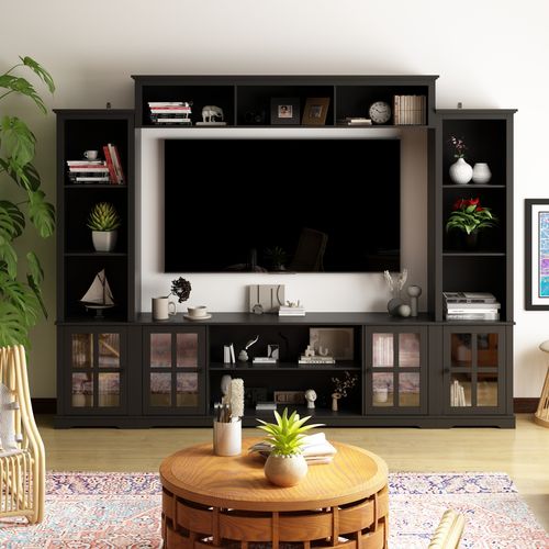 Grey Tv stand with top, left and right cabinets, multi-purpose media wooden console, entertainment center with tempered glass - Black