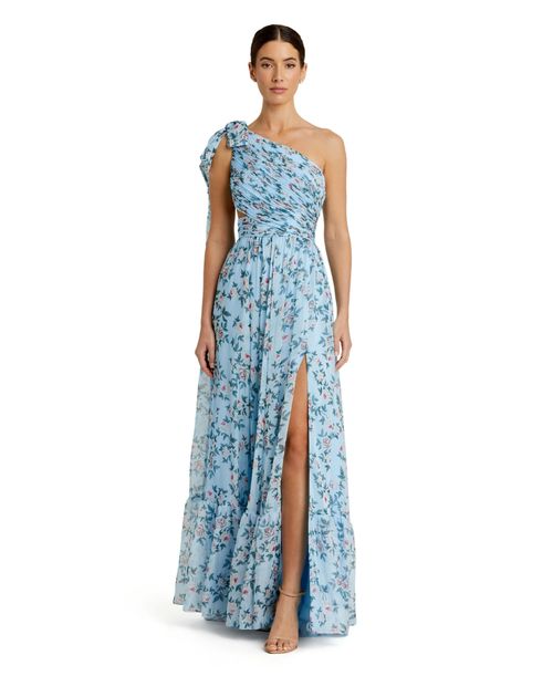 Mac Duggal Women's One-Shoulder Floral Chiffon A-Line Gown - Aqua multi