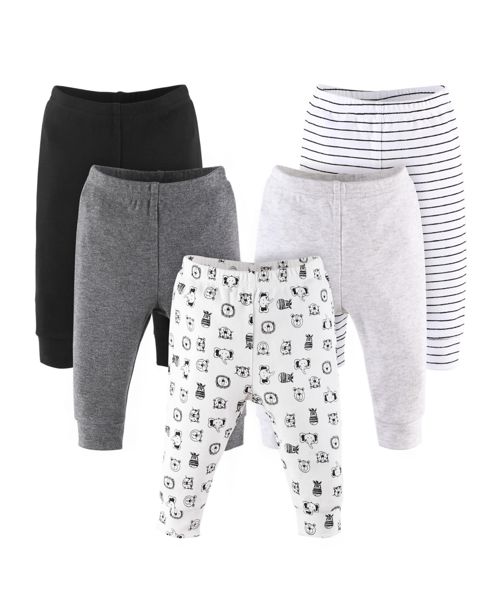 The Peanutshell Baby Boys Pants Set, 5 Pack, Grey Safari Animals - Black/white/grey/ivory