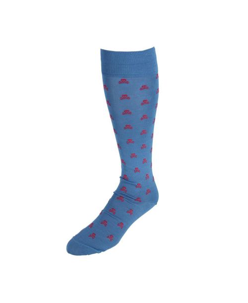 Trafalgar Men's Pirate's Skull & Crossbones Pima Cotton Over The Calf Novelty Dress Sock (1 Pair) - Azure blue