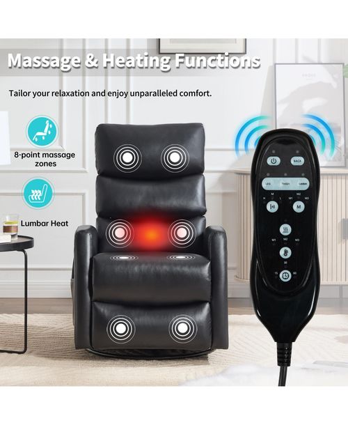 sumyeg Recliner Chair with Heat Massage Manual Rocker and Swivel in Fabric - Black