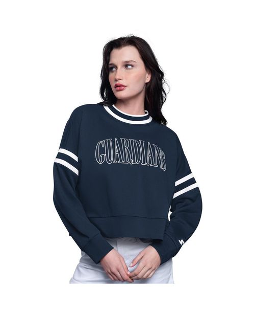 Starter Women's Navy Cleveland Guardians Power Play Cropped Pullover Sweatshirt - Navy, White