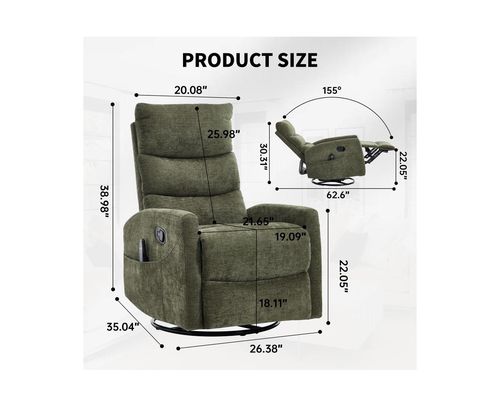 sumyeg Chenille Recliner Chair with Heat, Massage, Rocker & Swivel Features - Green