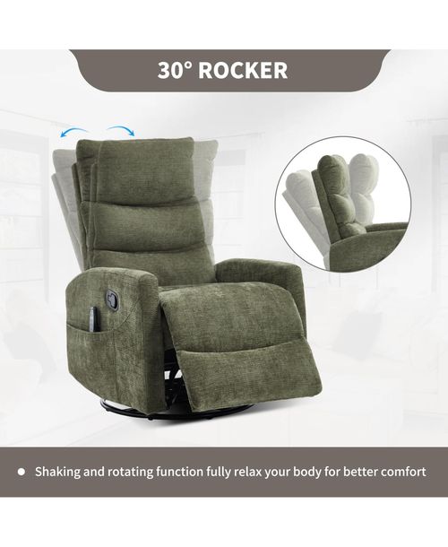 sumyeg Chenille Recliner Chair with Heat, Massage, Rocker & Swivel Features - Green