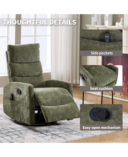 sumyeg Chenille Recliner Chair with Heat, Massage, Rocker & Swivel Features - Green