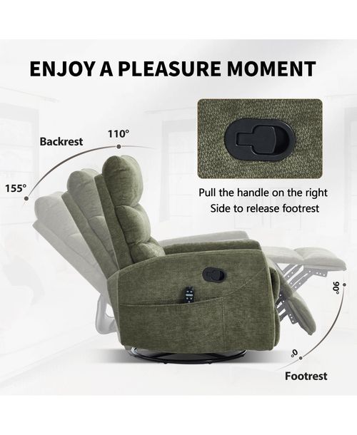 sumyeg Chenille Recliner Chair with Heat, Massage, Rocker & Swivel Features - Green