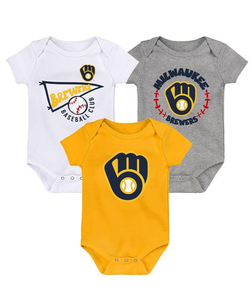 Baby Boys and Girls Gold, White, Heather Gray Milwaukee Brewers Biggest Little Fan 3-Pack Bodysuit Set - Gold, White, Heather Gray