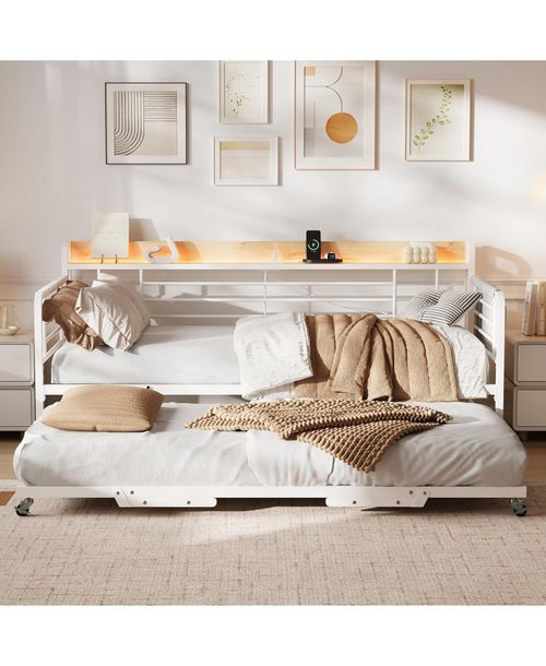gaomon Daybed with Trundle, Storage Headboard with Charging Station & Storage Bags, Sofa Bed for Bedroom,Guest Room