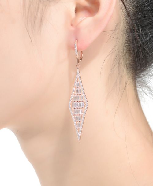 Sterling Silver Shaped Cubic Zirconia Long Kite Shape Drop Earrings - Light/past