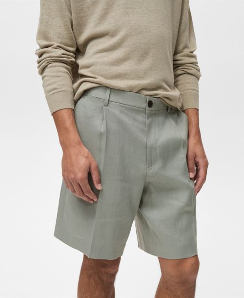 Mango Men's Linen Pleated Bermuda Shorts - Aqua Green