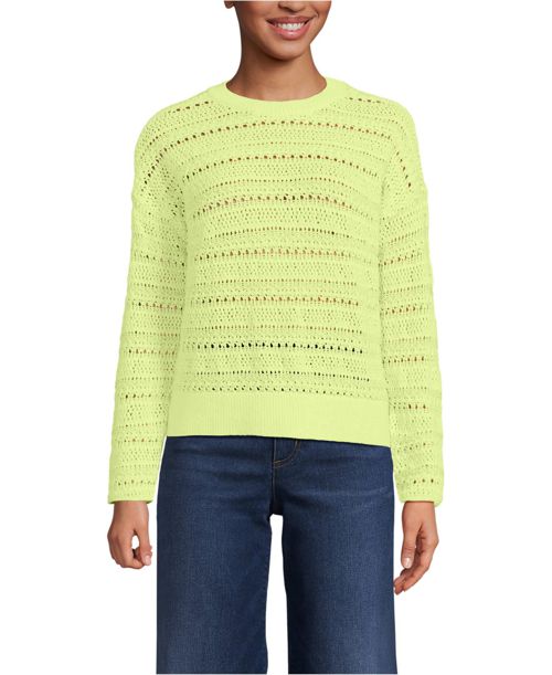 Lands' End Women's Cotton Blend Pointelle Crew Neck Sweater - Soft limoncello yellow