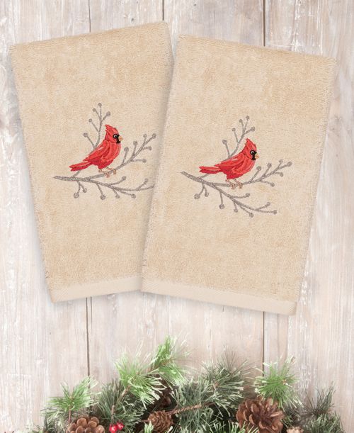 Linum Home Christmas Cardinal 100% Turkish Cotton 2-Pc. Hand Towel Set - Sand