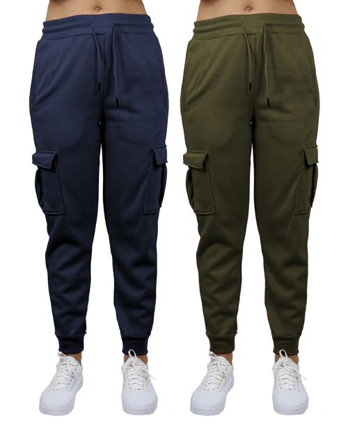 Galaxy By Harvic Women's Heavyweight Loose Fit Fleece Lined Cargo Jogger Pants Set, 2 Pack - Navy, Olive