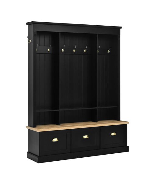 Clihome App Controlled Led Light Hall Tree Storage Bench with Hooks and 3 Large Cabinets for Hallway - Black