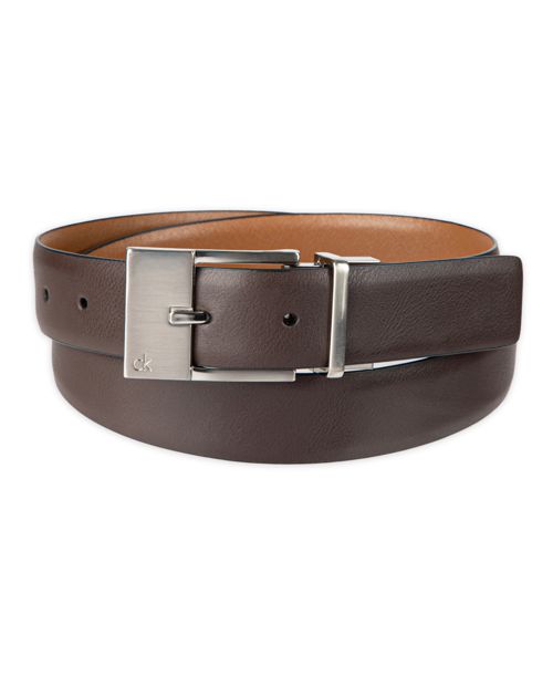 Calvin Klein Men's Elongated 2-In-1 Reversible Buckle Leather Dress Belt - Dark brown, Tan