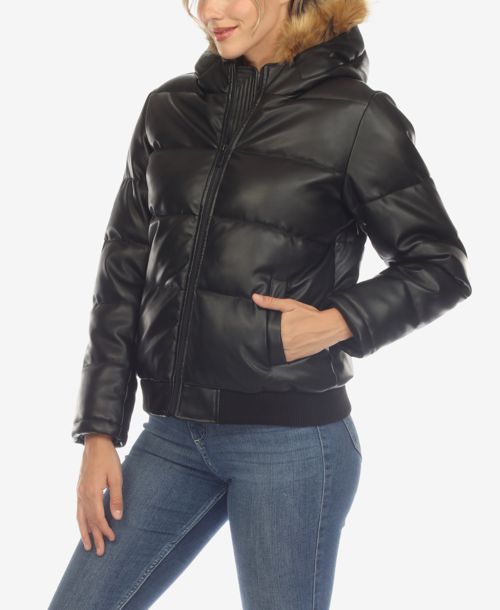 White Mark Women's Removable Furry Hoodie Bomber Leather Jacket - Black